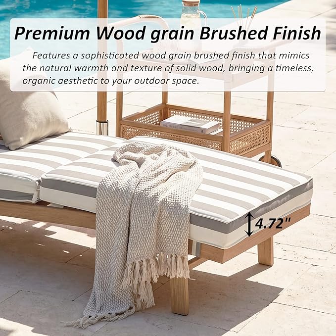 Patio Chaise Lounge Chair with Wheels, Outdoor Lounge Chairs with Thick Cushions, Patio Chaise Lounger Outdoor Handwoven Rope Armrests, Wicker Chairs for Outside, Poolside, Deck, Stripe