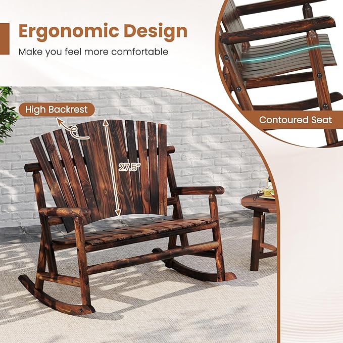 Tangkula 2-Person Wood Outdoor Rocking Chair, Outside Adirondack Rocker with High Back and Slatted Seat, Oversized Porch Rocking Chair for Balcony, Garden, Backyard, Patio