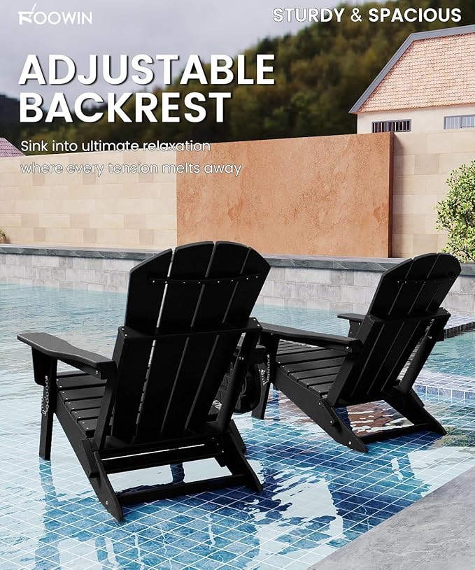 FOOWIN Folding Adjustable Adirondack Chair with Retractable Ottoman,HDPE Adirondack Chair w/4 in 1 Cup Holder Trays,All-Weather Resistant Fire Pit Chair for Outdoor Patio Lawn, Black