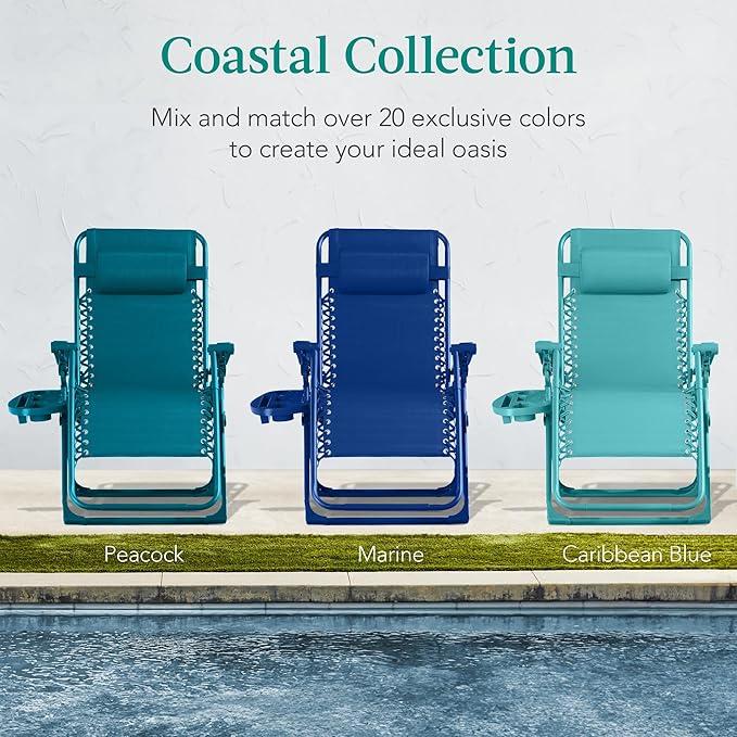 Best Choice Products Adjustable Zero Gravity Chair, Monochromatic Color Folding Patio Recliner w/Side Tray, Headrest - Peacock