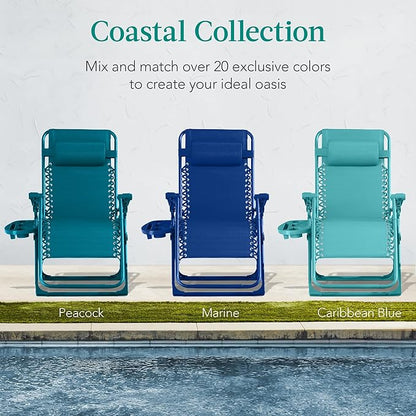 Best Choice Products Adjustable Zero Gravity Chair, Monochromatic Color Folding Patio Recliner w/Side Tray, Headrest - Peacock