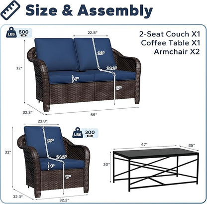 4 Pieces Outdoor Conversation Furniture Set, 55" Patio Couch，47" Metal Coffee Table, 2 Chairs, Rattan Wicker Sofa with Removable Cushions for Bistro, Deck (Navy Blue)