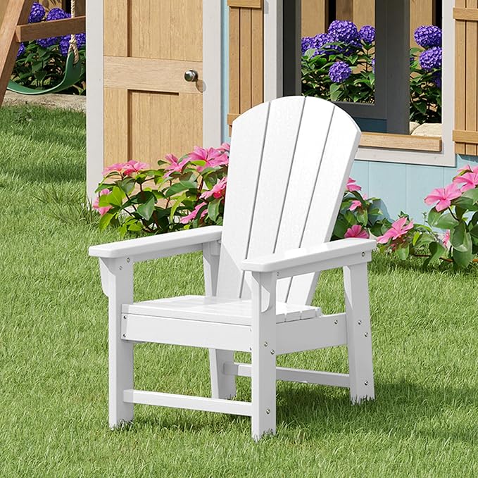 Costaelm Kids Adirondack Chair Set of 4, Plastic Outdoor Kids Chair Toddler Patio Furniture and Outdoor Children Picnic Activity Lawn Chair for Garden, Patio, Backyard & Beach, White