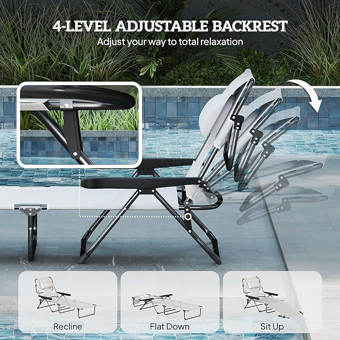 Outsunny Tanning Chaise Lounge Chair, 4-Position Beach Chair with Face & Arm Holes, Pillow headrest, Adjustable Sunbathing Chair, Cream White