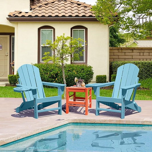 FOOWIN Folding Adirondack Chair Set of 8, HDPE Adirondack Chairs with Cup Holder, Weather Resistant Plastic Fire Pit Chairs for Outdoor, Patio, Lawn, Garden, Backyard, Deck, Light Blue