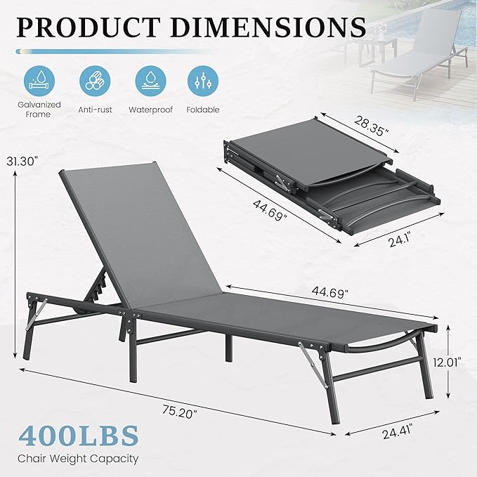 UDPATIO Foldable Patio Lounge Chairs Outdoor Chaise Lounge with 5-Positions Poolside Lounge Chairs with Portable Design for Pool, Beach, Deck, Backyard No Assembly
