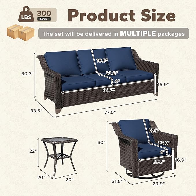 4 Pieces Patio Conversation Furniture Set - 1 Sofa, 2 Swivel Chairs, 1 Side Table - Photo 2