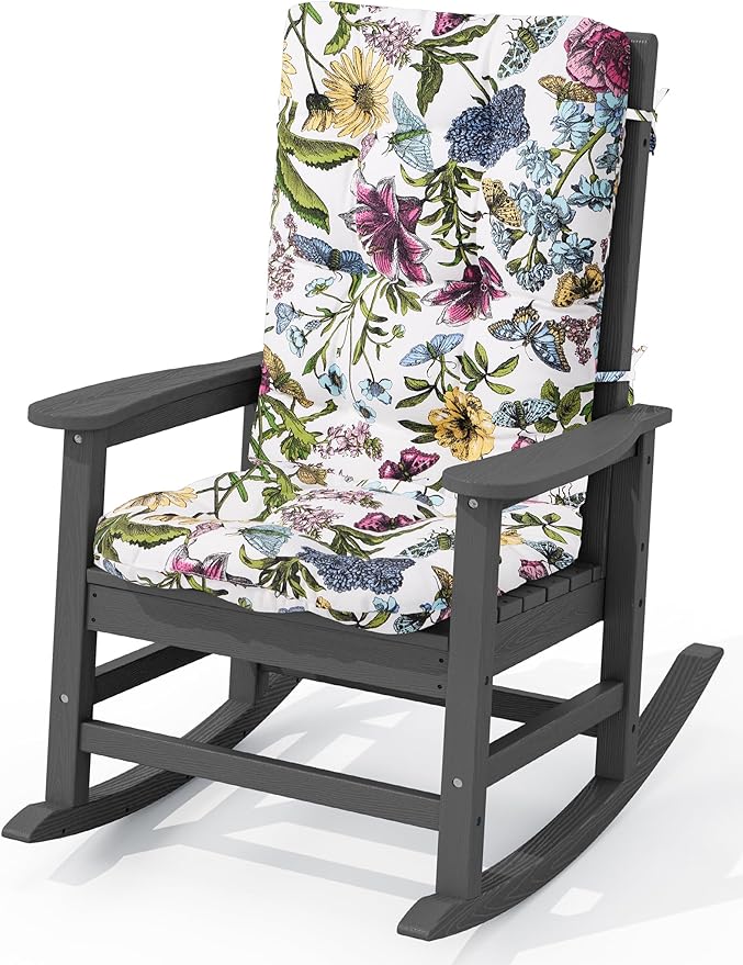 KINGYES Oversized Outdoor Rocking Chair with Cushion, All-Weather Patio Rocking Chairs, HDPE Porch Rocker for Adults, 350 lbs Capacity, Grey Chair with Flower Cushion