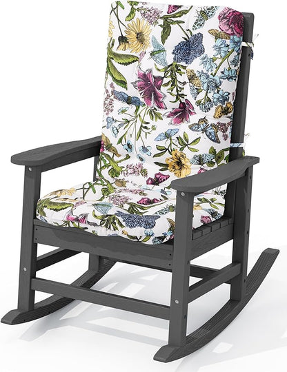 KINGYES Oversized Outdoor Rocking Chair with Cushion, All-Weather Patio Rocking Chairs, HDPE Porch Rocker for Adults, 350 lbs Capacity, Grey Chair with Flower Cushion