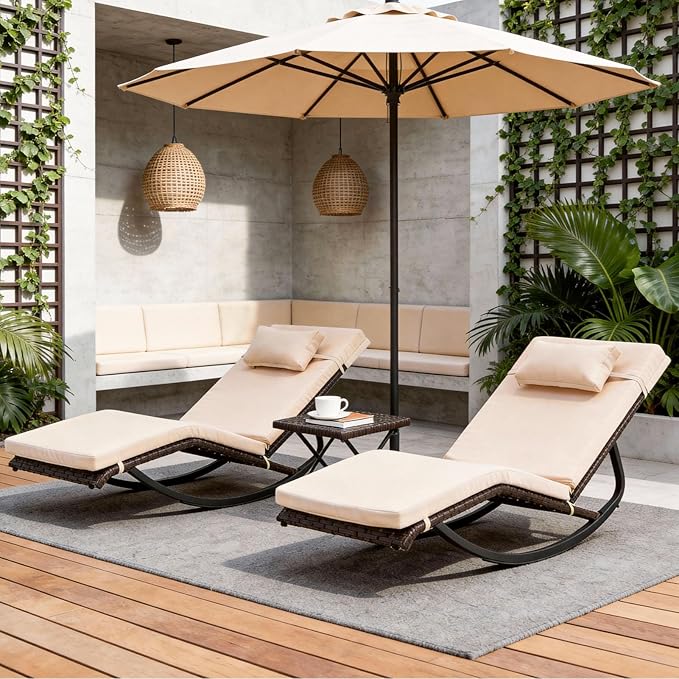 Outdoor Lounge Chair Set of 3, Patio Chaise Lounger with Folding Table and Adjustable Headrest, Easy 4-Step Assembly, All-Weather PE Rattan & Steel Frame for Pool, Patio, Porch, Backyard(Khaki)
