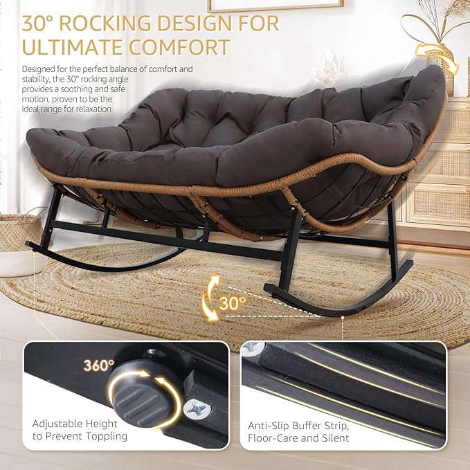 NICESOUL Double Wide Rocking Papasan Chair Outdoor Indoor for 2, PE Wicker Patio Rocking Chair with Cushion and Frame, 700 lbs Heavy Duty Big Comfy Lounge Chair for Porch, Balcony & Living Room, Grey