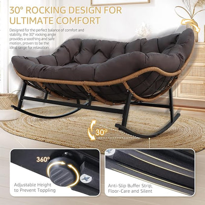 NICESOUL Oversized Double Rocking Papasan Chair with Cushion, 2 Person Big Wicker Outdoor Comfy Recliner, Large Heavy Duty 700 lbs Loveseat for Patio, Balcony, Backyard (Grey, 2 Seats w/Ottoman)