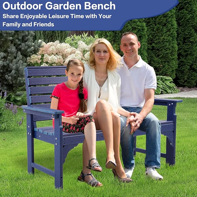 Outdoor Bench Weatherproof - HDPE 2-Person Garden Bench with Cup Holders, Bench Furniture with Backrest and Armrests - Photo 3