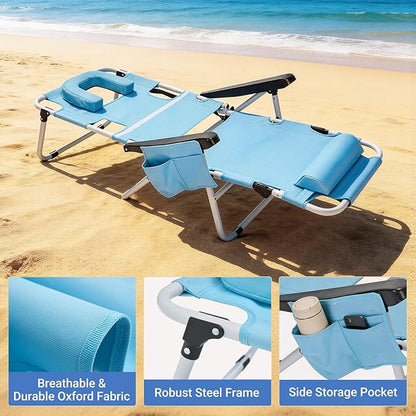 DoCred Heavy Duty Tanning Chair with Face Hole, Adjustable 5-Position Folding Chaise Lounge Chairs for Outside, Portable Lay Flat Beach Lounge Chair for Outdoor Sunbathing Beach Pool Lawn Camping