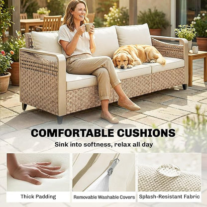 Outsunny Outdoor Patio Couch with Wide and Deep Seat, 3 Seater Wicker Outdoor Sofa with Wide Metal Armrests, Patio Furniture Couch with Cushions for Porch, Garden, Backyard, Beige | Removable Covers