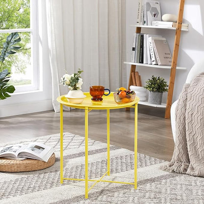 VECELO Side/End Table, Folding Round Metal Anti-Rust and Waterproof Outdoor or Indoor Tray for Living Room Bedroom Balcony and Office, 1 PCS,Yellow
