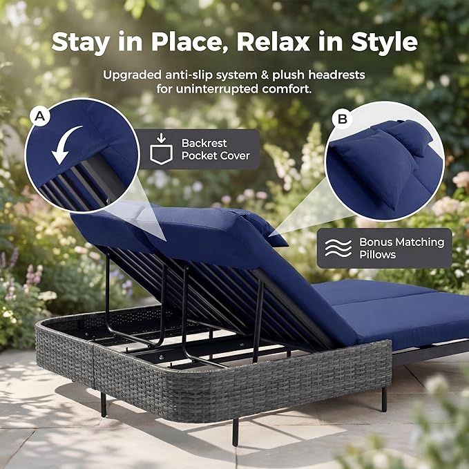 RADIATA 51.2" Outdoor Loveseat Sofa Bed, PE Wicker Patio Daybed with 2-Person Double Chaise Lounge - Photo 6