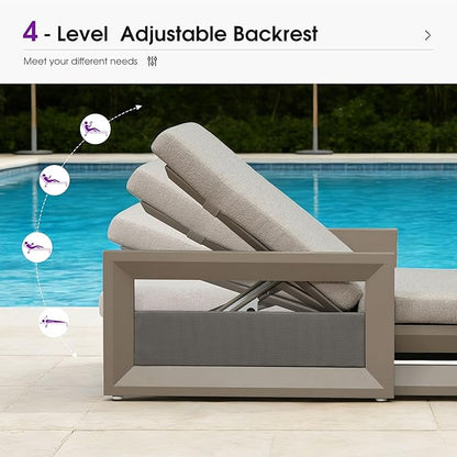 PURPLE LEAF Outdoor Chaise Lounge Set of 4 Reclining 2 in 1 Design Lounger Chair with Cushion Deluxe Aluminum Oversize Pool Lounge Chairs with Armrests & Backrest for Patio Poolside Backyard, Khaki