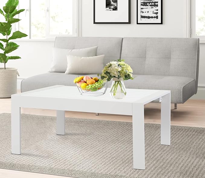 All-Weather Aluminum Outdoor Coffee Table, Modern Rectangle Patio Coffee Table for Balcony Garden, Light Grey - Photo 6