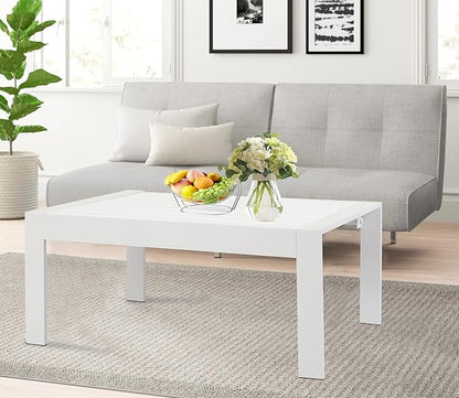 All-Weather Aluminum Outdoor Coffee Table, Modern Coffee Table for Outside, Rectangle Patio Coffee Table for Balcony Garden, White