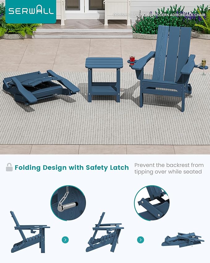 SERWALL Modern Folding Adirondack Chair Set of 2, Weather Resistant HDPE Outdoor Adirondack Chair with Dual Cup Holders, Fire Pit Chair for Patio Lawn Garden, Blue