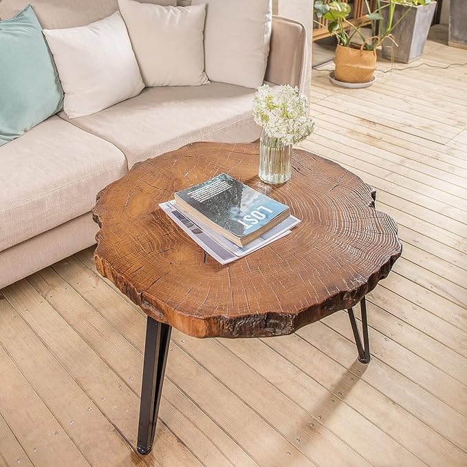 COSIEST Outdoor Faux Wood Tree-Slice Coffee Table, Natural Oak Hand Painted Finish 31.5x20, 3 Black Metal Legs End Table