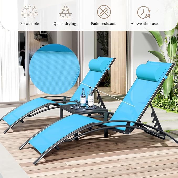 AthLike 3 pcs Poolchairs Patio Chaise Lounge Set with Headrest - Photo 4