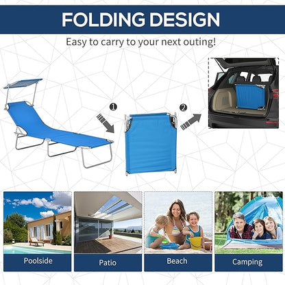 Outsunny Outdoor Lounge Chair, Adjustable Folding Chaise Lounge, Tanning Chair with Sun Shade for Beach, Camping, Hiking, Backyard, Blue
