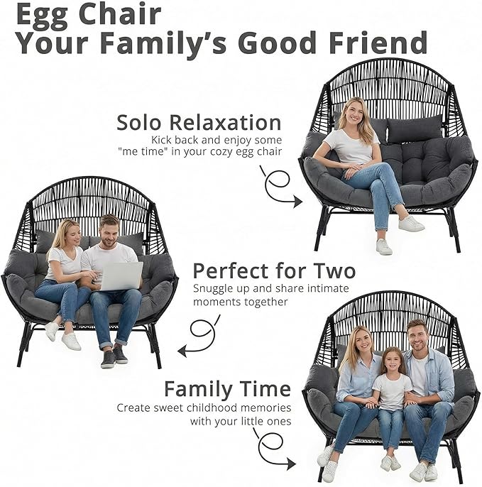 IRONCK Egg Chair Indoor Outdoor, 2 Person Double Egg Loveseat Chair, Oversized Thickened Padded Headrests and Cushions, 680 lbs Wicker Lounge for Balcony, Patio, Garden, Black and Gray