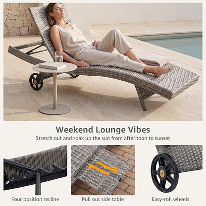 Set of 6 Gray Outdoor Chaise Lounge Chairs, Wicker Patio Lounge Chairs with Adjustable Backrest and Wheels, Durable PE Rattan Pool Chair for Patio, Poolside and Garden