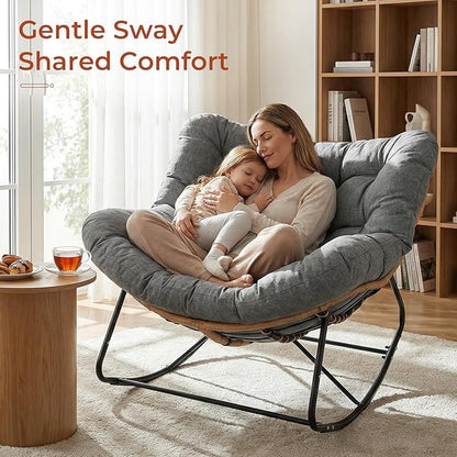 TLSUNNY Outdoor Papasan Rocking Chair, Oversized Padded Lounge Rocker with Cushion, Comfy Wicker Egg Lounge Chair, Large Indoor Rocking Recliner for Living Room/Porch/Garden (Dark Grey)