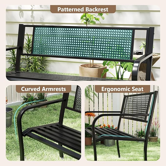 Tangkula Metal Patio Park Bench, 50 Inches Outdoor Garden Bench with Patterned Backrest and Curved Armrests, 2-3-Person Patio Bench, Outdoor Metal Loveseat Chair for Porch, Lawn, Park