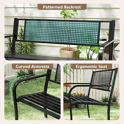 Tangkula Metal Patio Park Bench, 50 Inches Outdoor Garden Bench with Patterned Backrest and Curved Armrests, 2-3-Person Patio Bench, Outdoor Metal Loveseat Chair for Porch, Lawn, Park
