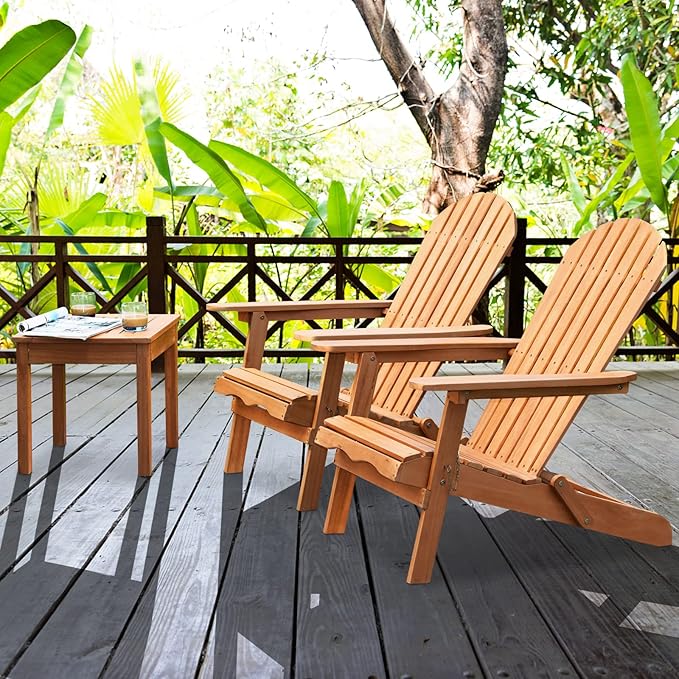 HAPPYGRILL Eucalyptus Wood Adirondack Chair Outdoor Folding Lounger Chair for Porch Deck Patio Poolside and Backyard
