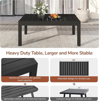 Wisteria Lane Aluminum Outdoor Coffee Table, Water-Resistant Metal Patio Side Table with Slatted Top, Modern Rectangular Outdoor Coffee Tables for Deck Porch Garden Poolside, Black