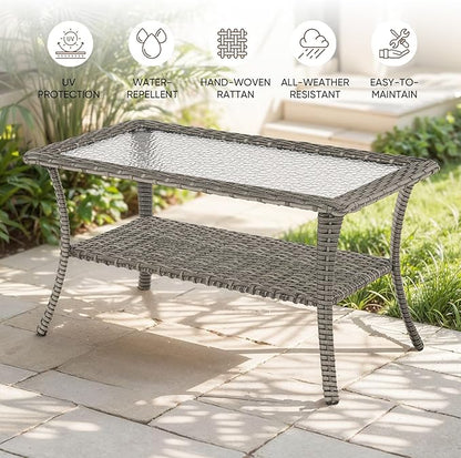 Patio Loveseat Glider Set, Resin Wicker Loveseat Glider with 2 Swivel Patio Chiars and Coffee Table, 4 Piece Patio Bistro Set Furniture Set Loveseat Set, Grey Wicker|Blue Cushions