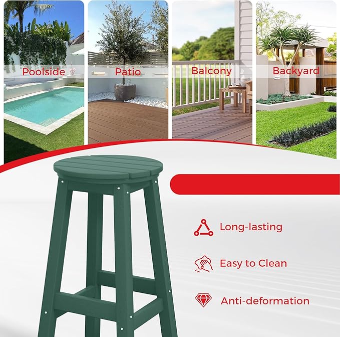 Costaelm 29" Height Outdoor Bar Stools, All-Weather Bar Stools, Adirondack Poly Patio Round Bar Stool for Patio, Deck, Kitchen Counter and Garden, Dark Green