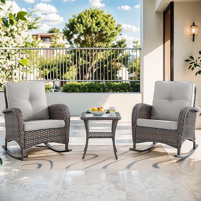 Patio Rocking Chair - 3 Peices Outdoor Wicker Rocker Porch Chair Set with Tempered Glass Side Table, 300 Lb Weight Capacity Rattan Seating for Balcony Garden Brown/Beige