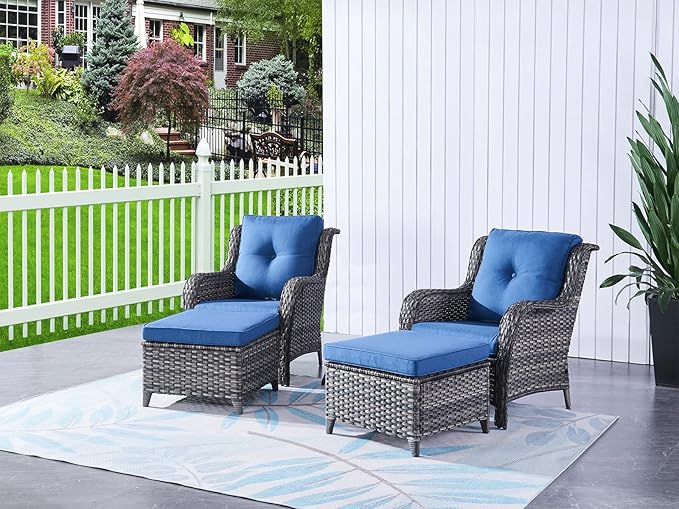 HUMMUH 4 Pieces Patio Bistro Set Wicker Patio Chairs Set of 2 with Ottomans Rattan Outdoor Furniture Conversation Set - Photo 1