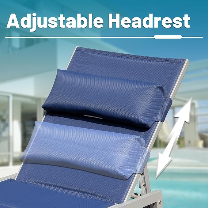 Domi Patio Chaise Lounge Set of 3, Outdoor Lounge Chair, Aluminum Textilene Padded 5 Position Pool Lounger, Stackable Lounge Chair w/Headrest, Wheels, Side Table, for Beach Backyard Lawn, Navy Blue