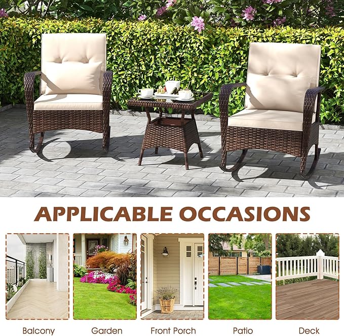 ORALNER 3 Pieces Patio Furniture Set, Outdoor Wicker Rocking Chairs with Cushions, Pillows, Glass Coffee Table - Photo 8