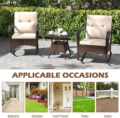 ORALNER 3 Pieces Patio Furniture Set, Outdoor Wicker Rocking Chairs with Cushions, Pillows, Glass Coffee Table, Rattan Bistro Rocker Set for Balcony Front Porch Poolside Garden Deck Yard (Beige)