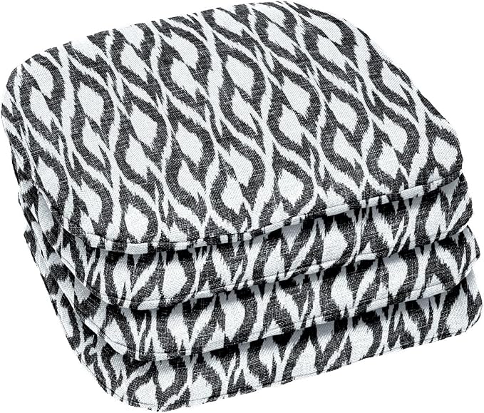 BrylaneHome Indoor/Outdoor Chair Pads (Set of 4) - 16" L x 15.6" W - Water, Stain & Fade Resistant - Black Ikat