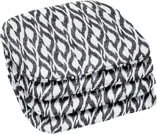 BrylaneHome Indoor/Outdoor Chair Pads (Set of 4) - 16" L x 15.6" W - Water, Stain & Fade Resistant - Black Ikat