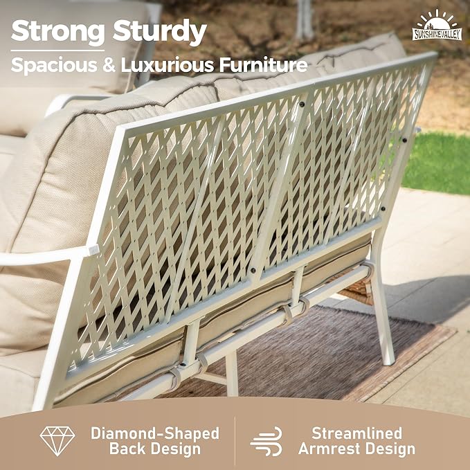 Metal Patio Furniture Sofa with 5.75" Extra Thick Cushion, 3-Seater Deep Seating & High-Back White Frame Outdoor Couch All Weather Outdoor Seating for Deck Gazebo Porch, Beige
