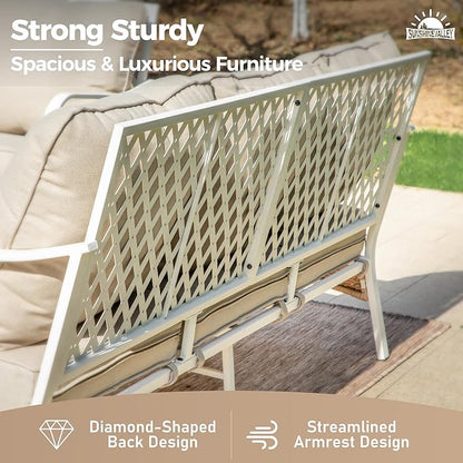 Metal Patio Furniture Sofa with 5.75" Extra Thick Cushion, 3-Seater Deep Seating & High-Back White Frame Outdoor Couch All Weather Outdoor Seating for Deck Gazebo Porch, Beige