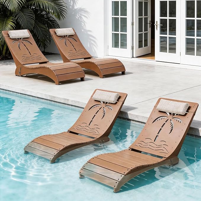in Pool Lounge Chairs Set of 4, HDPE Pool Chaise Loungers for Sun Shelf up to 9 Inches, Fade-Resistant, 3-Position Adjustable Backrest with Headrest, Ergonomic Poolside Lounger, Teak