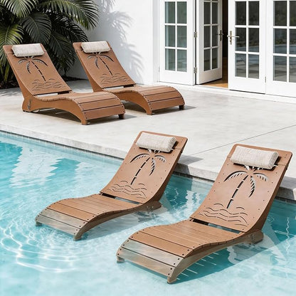 in Pool Lounge Chairs Set of 4, HDPE Pool Chaise Loungers for Sun Shelf up to 9 Inches, Fade-Resistant, 3-Position Adjustable Backrest with Headrest, Ergonomic Poolside Lounger, Teak