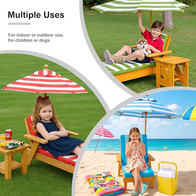 Kids Lounge Chair Outdoor, Kids Lounge Chair, Removable Striped Fabric Cushions, Outdoor Chaise Lounge with Parasol - Photo 7