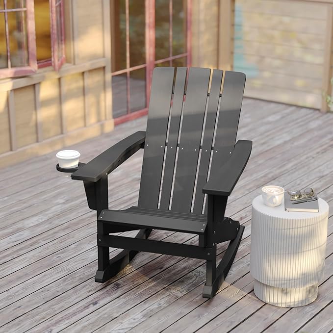 Flash Furniture Halifax Adirondack Rocking Chairs with Cup Holder, Weather Resistant Poly Resin Adirondack Rocking Chairs, Set of 2, Gray